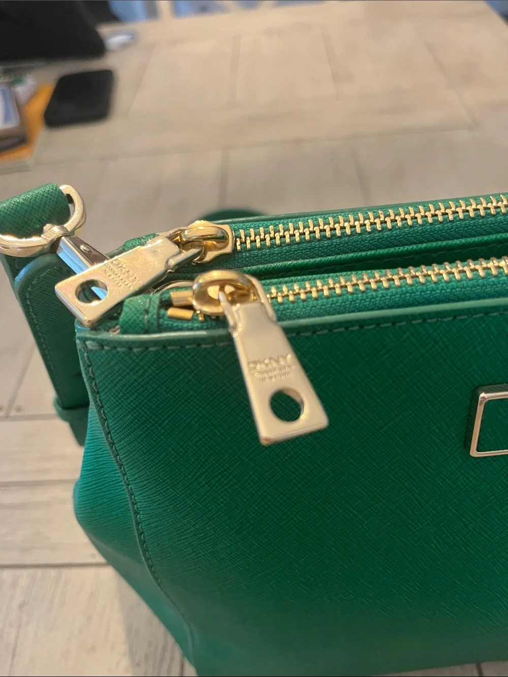 DKNY Emerald Green Saffiano Crossbody Bag with Gold Hardware